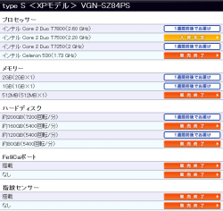 VAIO type S Windows XPモデル 納期情報